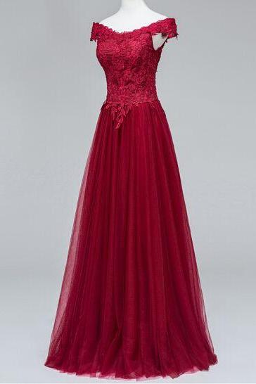 Pretty Evening Dresses Beautiful Tulle Wine Red Off Shoulder Prom Dresses, Long Prom Dresses 2017, Party Gowns
