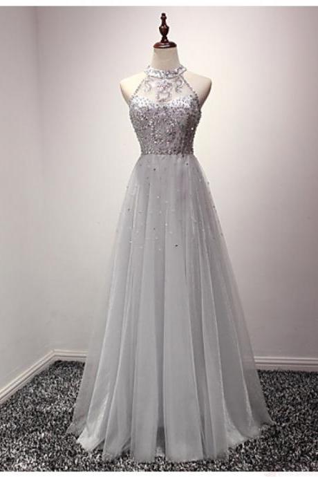 A-line Halter Sequins Tulle Floor Length Prom Dresses Evening Dresses 
