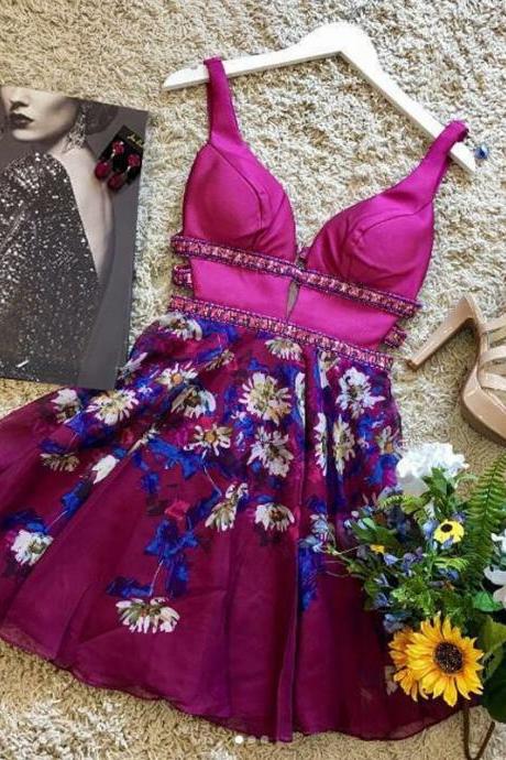 Ball Gown Fuchsia V Neck Floral Homecoming Dresses