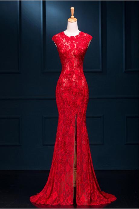 Red Round Neck Full Lace Mermaid Long Prom Dress, Evening Dress Featuring Front Slit