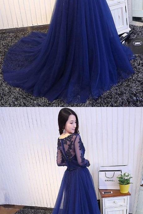 Long Sleeve Prom Dresses Blue,a-line Party Dresses V-neck, 2018 Formal Dresses Lace Tulle Court Train Appliques