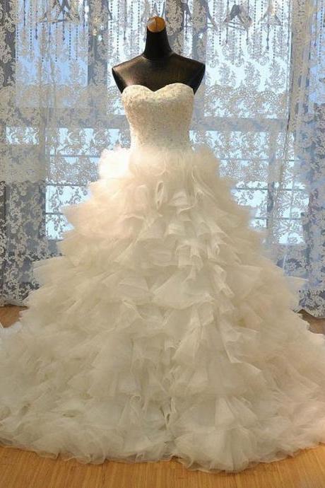 Ball Gown Strapless Sweetheart Neck Ruffle Tulle Cathedral Train Bridal Dresses