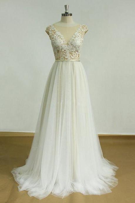 Bateau Sheer Lace A-line Wedding Dress Featuring V-back