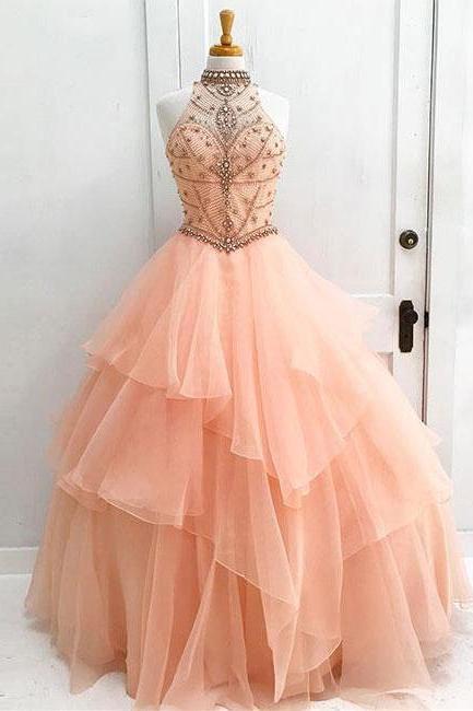 Ball Gown Halter High Neck Beaded Bodice Organza Quinceanera Dresses