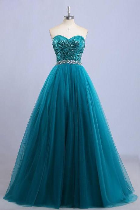 A-line Strapless Sweetheart Neck Sequin Lace Long Prom Dresses