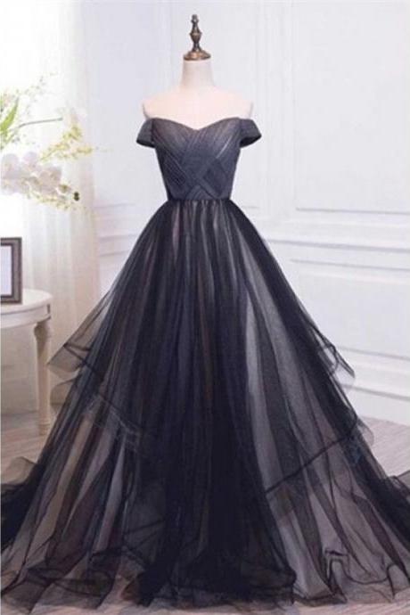 Black Off Shoulder Long Tulle Prom Ball Gown