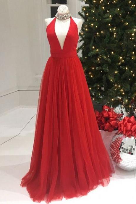 Charming A Line Halter Sleeveless Long Red Prom/evening Dress With Beading
