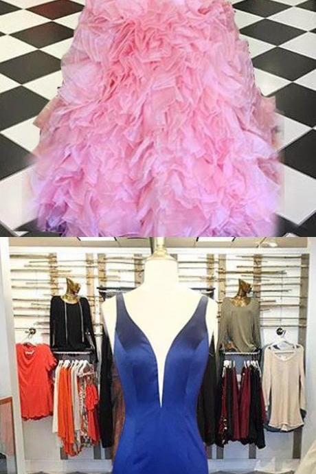 Stunning Mermaid Pink Prom Dress - Deep V-neck Sleeveless Tiered