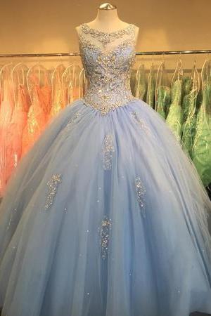 Crystal Beaded Scoop Neck Tulle Quinceanera Dresses Ball Gowns 2017