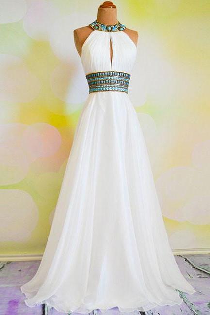 White A-line Rhinestone Backless Long Prom Dress, Evening Dresses
