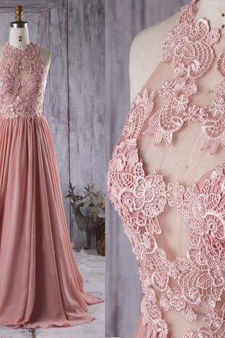 Halter Applique Formal Long Lace Bridesmaid Prom Dresses,pd01