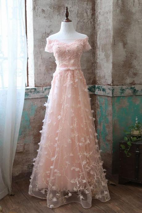 Blush Pink Prom Dresses, Pink Lace Tulle Long Prom Dress,pd 261