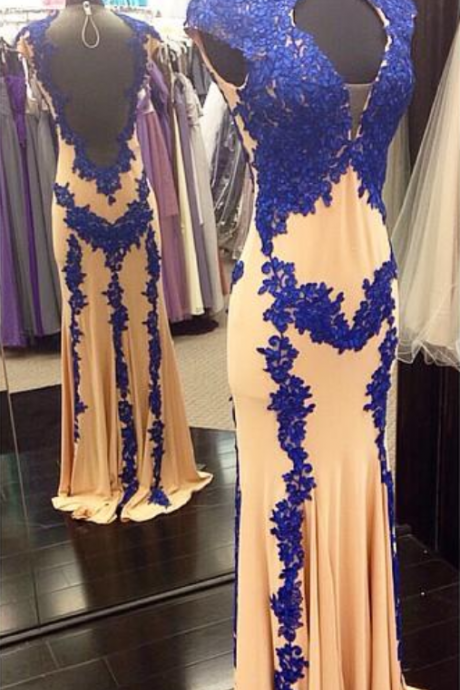 High Neck Royal Blue Lace Appliques Prom Dresses Gown Long Sheath Column Backless Lady Formal Evening Gowns Skin Chiffon,PD 274