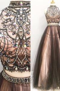 Elegant Two Pieces Prom Dresses,beadings Evening Dresses,grey Ball Gown