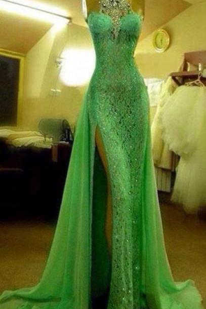 Custom Made Crystal Evening Dresses Green High Neck Lace Prom Dresses With Slit Sexy Mermaid Crystal Beaded Prom Dresses,pd290