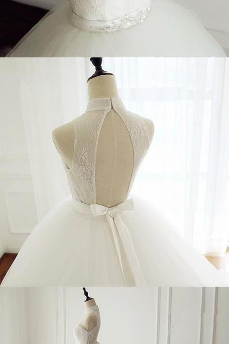 High Neck Open Back Tulle Ball Gown Wedding Dresses,W329