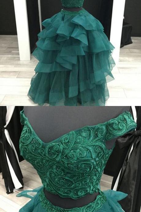 Elegant Two Piece A-line Off-the-shoulder Green Tiered Long Prom Dress With Appliques,pd349