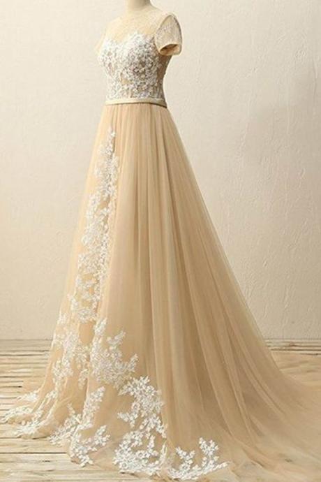 Champagne Tulle Lace Round-neck Long Evening Dresses,formal Dress For Prom,p354