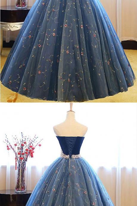 Ball Gown Sweetheart Court Train Navy Blue Lace Prom Dress With Beading,p384
