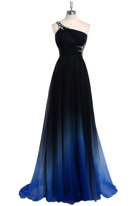 Beaded Embellished Gradient Chiffon One-shoulder Floor Length A-line Prom Dress