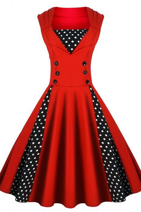 Vintage Dress Polka Dot Patchwork Sleeveless Casual Dress Rockabilly Swing Short Party Dress red Color,P442