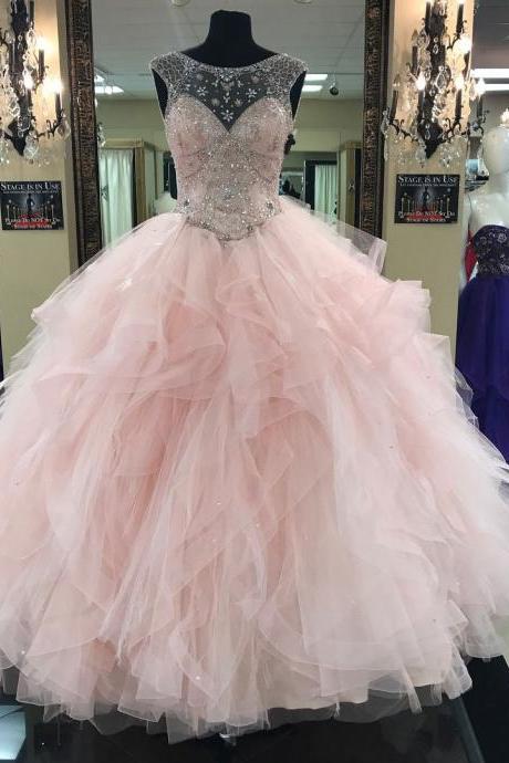 Light Pink Ball Gown,illusion Neck Tulle Skirt Quinceanera Dresses,pink Beaded Tulle Long Prom Dress ,p458