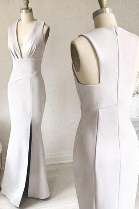 Simple White V-Neck Sheath Prom Dress,Long Formal Dress with Slit Side ,P461