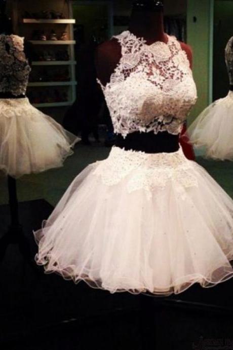 Elegant Two-pieces White Lace Short Homecoming Dresses/party Dresses,h473