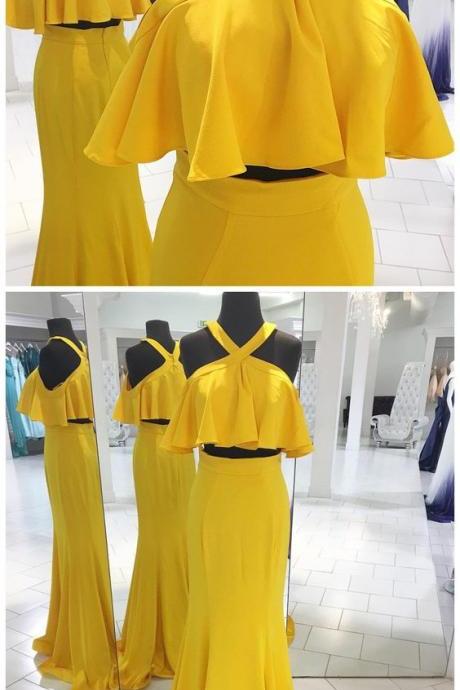 Two Piece Yellow Long Prom Dress With Ruffle,prom Dresses,evening Dress, Prom Gowns, Formal Women Dress,p483