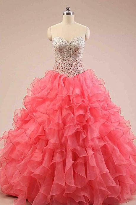Coral organza sweetheart sequins ball gown dress, prom dress,P520