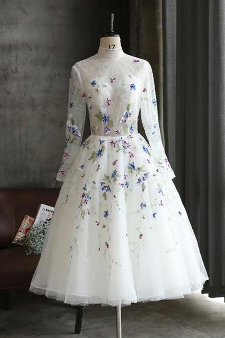White Flower Lace Long Mid Length Party Dress, Long Sleeves Homecoming Dress,p528
