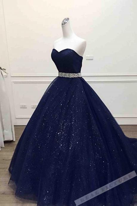 Dark blue tulle sweetheart sequins floor-length ball gown dress,P532