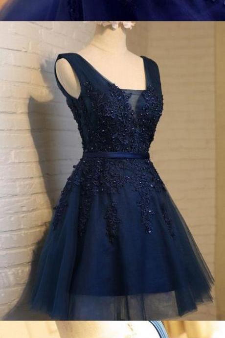 A-line/princess Homecoming Prom Dresses Short Navy Dresses With Lace Up Applique Mini Luscious Prom Dresses ,h581