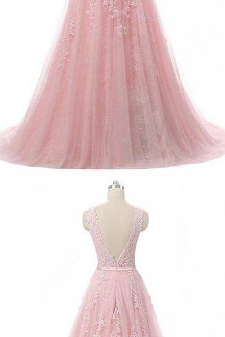 Pretty Tulle Lace Round Neck A-line Open Back Long Prom Dress,p671