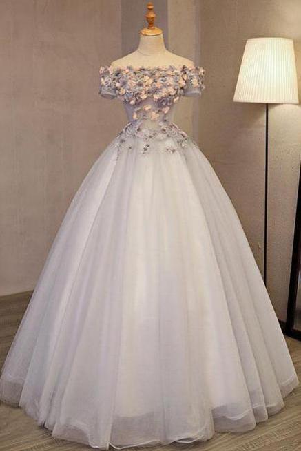 Grey Long Applique Off The Shoulder Tulle A-line Prom Dress,p680