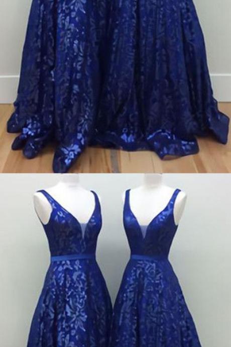 Royal Blue Lace Long V-neck A-line Prom Dress, Long Halter Evening Dress,p 688