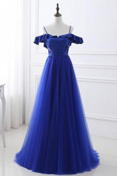 Elegant A-line Off-the-shoulder Royal Blue Long Prom/evening Dress With Appliques,p697