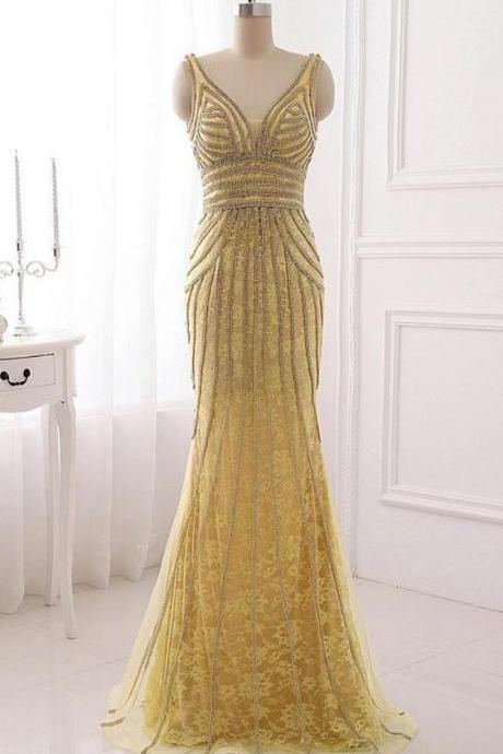V-neck Beaded Lace Mermaid Long Prom Dress, Evening Dress,p733