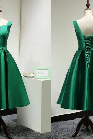 Modest Satin Emerald Green Bridesmaid Dress Short Custom/elegant Tea Length Prom Dress,h771