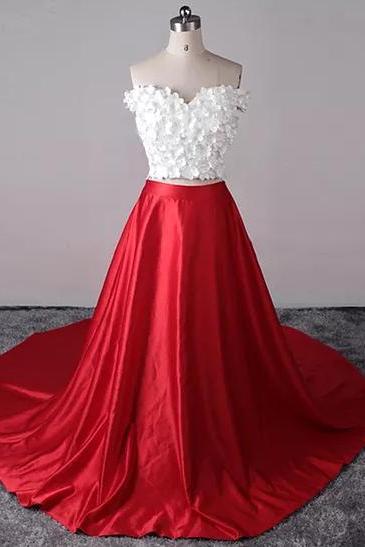 Two Piece Prom Dresses Sexy Red White Off-the-shoulder Long Prom Dress/evening Dress ,p794