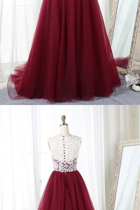 Burgundy Long Prom Dresses, Elegant Prom Dresses With Lace ,p862