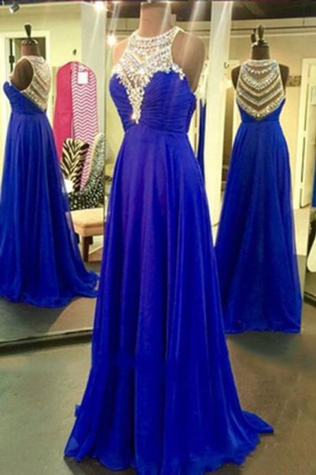 Royal Blue Chiffon A-line Sequins O-neck Shining Beading Rhinestone Long Prom Dresses,p866