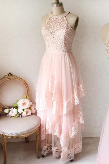 Pink Lace Strapless Long Tulle Homecoming Dress, Long Fashion Party Dresses,p876
