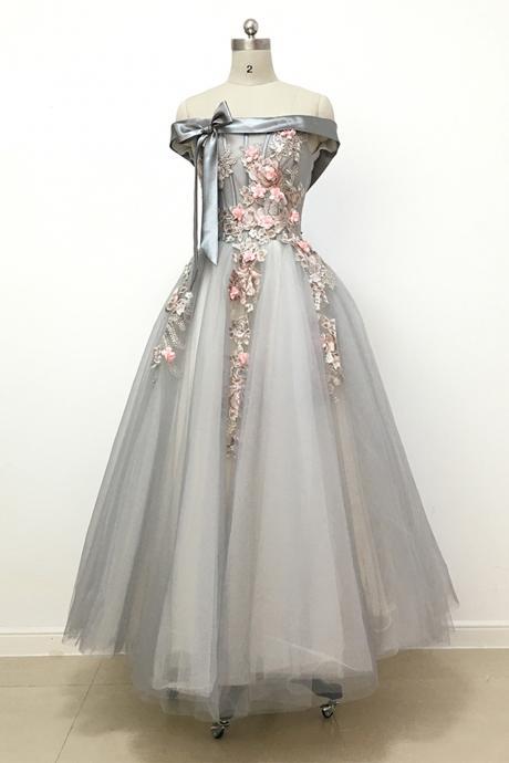 Light grey tulle off shoulder flower lace long prom dress, bowknot A-line bridesmaid dresses,P877