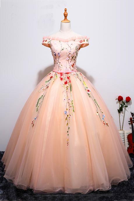 Pink Tulle Off Shoulder Lace Appliques Long Ball Gown, Vintage Evening Dress,p878