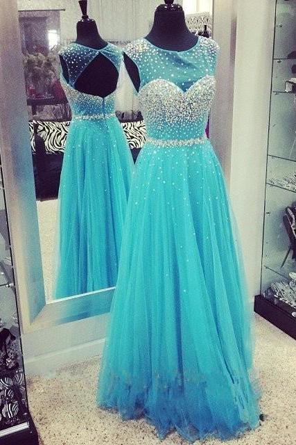 Scoop Neck Tulle Prom Dresses With Crystals Custom Made Women Party Dresses,p884
