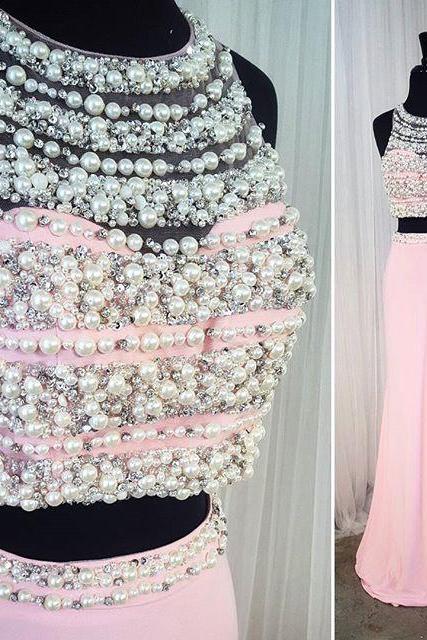 Prom Dress,modest Prom Dress,long Chiffon Pink Mermaid Prom Dresses,two Piece Prom Gowns With Pearl Beaded,sexy Slit Prom Dress,p887