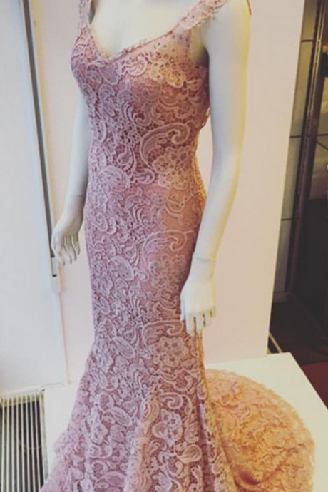 Elegant Pink Lace Prom Dress, V-neck Mermaid Prom Dresses,backless Evening Gowns,p903