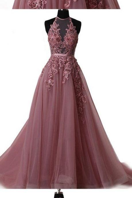 Elegant Tulle Lace Long Prom Dress, Lace Evening Dress,a-line Prom Dresses,halter Floor Length Dresses,p917