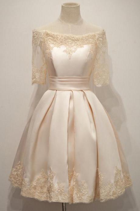 Charming Short Champagne Satin Dress Featuring Half Sleeve And Ruched Skirt,H971